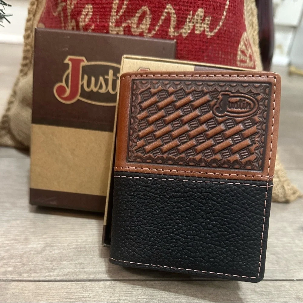 New Justin Boots Mens Leather Wallet Bi Fold Basketweave Card Wallet Brown Black